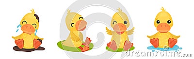 Funny Yellow Duckling Engaged in Different Activity Vector Set Vector Illustration