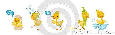 Funny Yellow Duckling Engaged in Different Activity Vector Set Vector Illustration