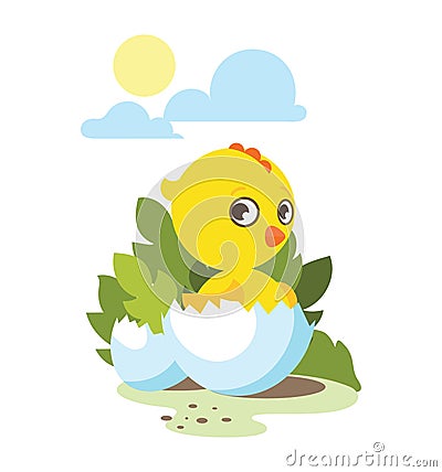 Funny yellow newborn chicken in broken egg shell, cute baby chick hatched from egg . Vector cartoon character, flat Vector Illustration