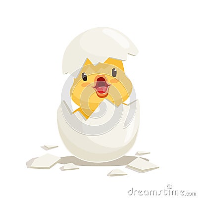 Funny yellow newborn chicken in broken egg shell, cute emoji character vector Illustration Vector Illustration