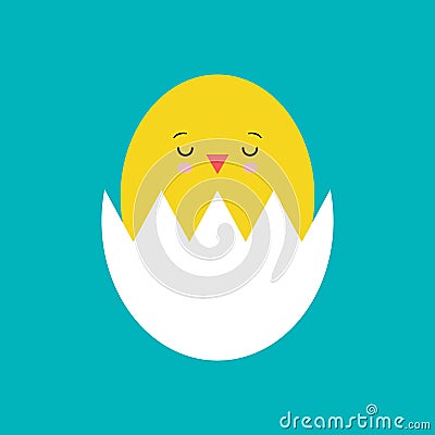 Funny yellow newborn chicken in broken egg shell kawaii Cartoon Illustration