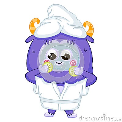 Funny Yeti mascot character applying cosmetic face mask Vector Illustration