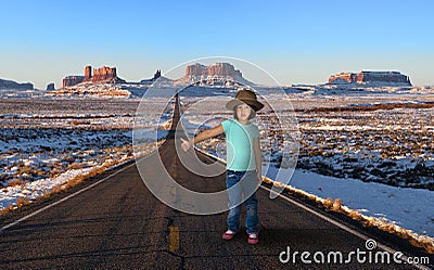 Funny Young Girl, Hitchhiker, Travel Stock Photo