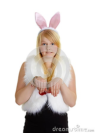 Funny young girl with a pink rabbit ears Stock Photo