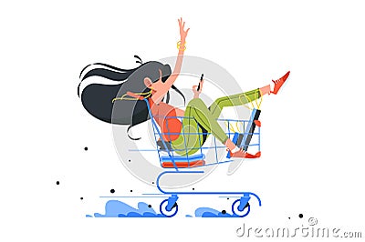 Funny young girl rides shopping cart after order complete. Vector Illustration