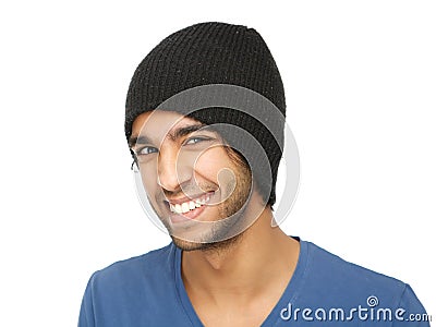 Funny young man smiling with black hat Stock Photo