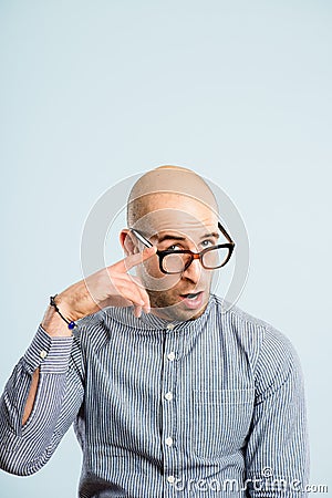 Funny man portrait real people high definition blue background Stock Photo