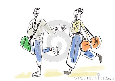 Funny Young Man And Woman Walking And Talking Together. Making Some Joke At Street, Friendship Moment Art. Illustration Of Happy Stock Photo