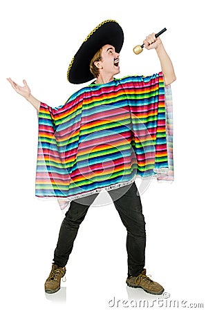 Funny young mexican sings isolated on white Stock Photo