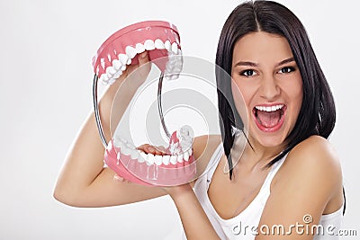 Funny young woman with jaws Stock Photo