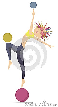 Smiling cartoon young woman do exercises with the ball vector illustration Vector Illustration