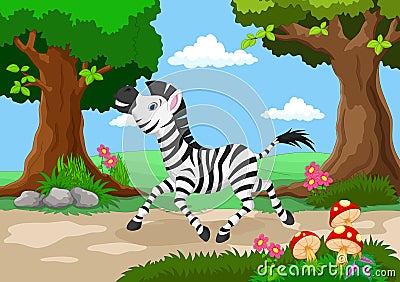 Funny zebra with a background of a beautiful garden Cartoon Illustration