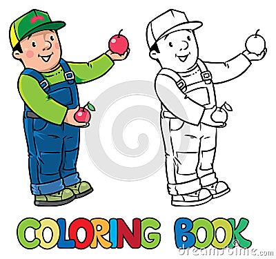Funy farmer or gardener with apples. Coloring book Vector Illustration