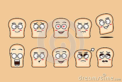 Funny flat plain bread cartoon character mascot emoji emotion expression set Vector Illustration