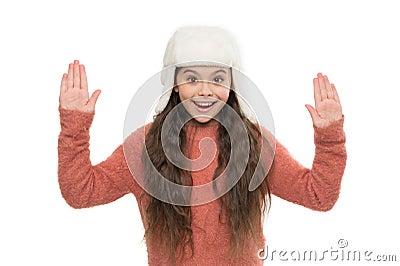 fur earflap hat fashion. happy little girl loves winter. finally winter holidays. enjoy christmas vacation. good mood in Stock Photo