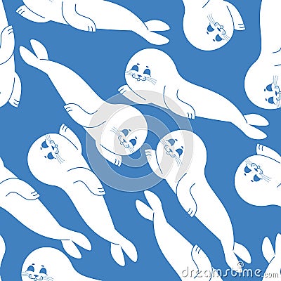 Fur Seal white pattern. small sea calf ornament. Animal of Arctic and Antarctic on blue backgroun Vector Illustration