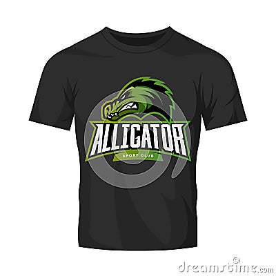 Furious alligator sport vector logo concept isolated on black t-shirt mockup. Vector Illustration