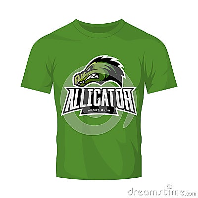 Furious alligator sport vector logo concept isolated on green t-shirt mockup. Vector Illustration