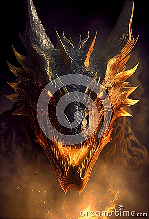 A furious black dragon in the magic glow. AI generated Stock Photo