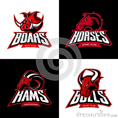 Furious boar, horse, ram, bull head isolated vector sport logo concept set. Vector Illustration