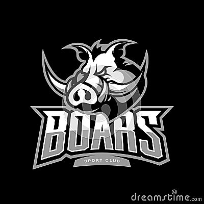 Furious boar sport club vector logo concept on dark background. Vector Illustration