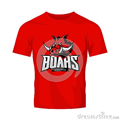 Furious boar sport club vector logo concept isolated on red t-shirt mockup. Vector Illustration