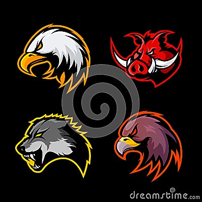 Furious boar, wolf, panther and eagle head sport vector logo concept set on black background. Vector Illustration