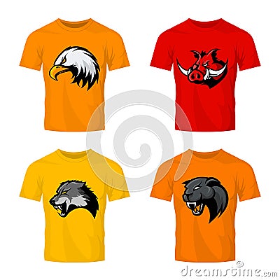 Furious boar, wolf, panther and eagle head sport vector logo concept set on color t-shirt mockup. Vector Illustration