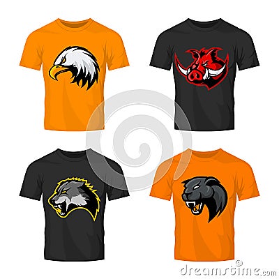 Furious boar, wolf, panther and eagle head sport vector logo concept set isolated on color t-shirt mockup. Vector Illustration