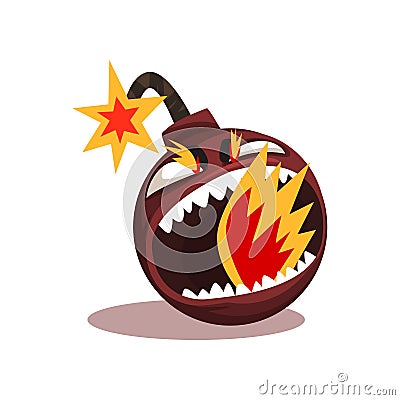 Furious bomb with burning wick. Funny emoticon in flat style. Vector design element for mobile app, social network Vector Illustration