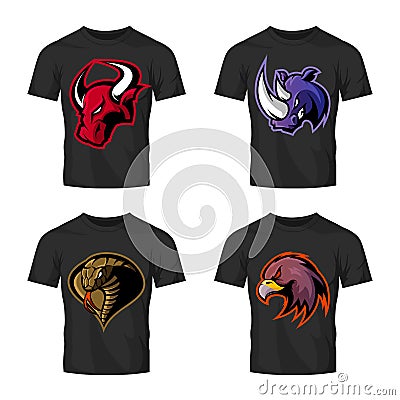 Furious bull, rhino, cobra and eagle head sport vector logo concept set isolated on black t-shirt mockup. Vector Illustration