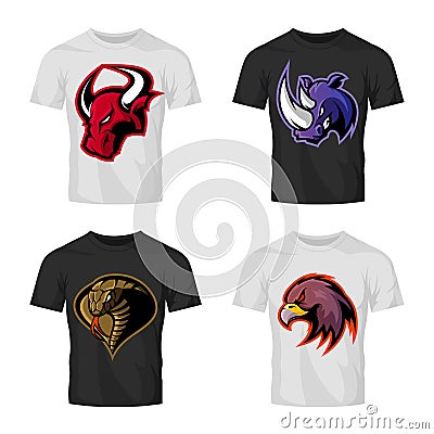 Furious bull, rhino, cobra and eagle head sport vector logo concept set isolated on t-shirt mockup. Vector Illustration