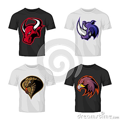 Furious bull, rhino, cobra and eagle head sport vector logo concept set on t-shirt mockup. Vector Illustration