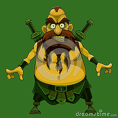 Furious cartoon medieval bearded warrior with swords behind his back Vector Illustration