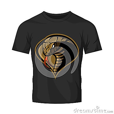 Furious cobra sport vector logo concept isolated on black t-shirt mockup. Vector Illustration