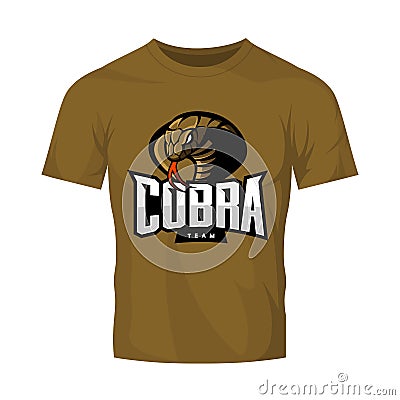 Furious cobra sport vector logo concept isolated on khaki t-shirt mockup. Vector Illustration