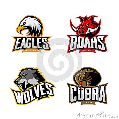 Furious cobra, wolf, eagle and boar sport vector logo concept set isolated on white background. Vector Illustration