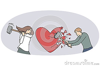 Furious couple crash heart with hammers Vector Illustration