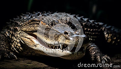 Furious crocodile threatens with open mouth in swamp generated by AI Stock Photo