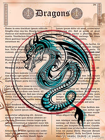 Furious Dragon drawing on old vintage book page Vector Illustration