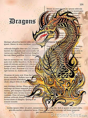 Furious Dragon drawing on old vintage book page Vector Illustration