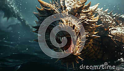 Furious dragon underwater, teeth sharp, evil eyes, mysterious and dangerous generated by AI Stock Photo