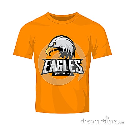 Furious eagle sport vector logo concept isolated on orange t-shirt mockup. Vector Illustration