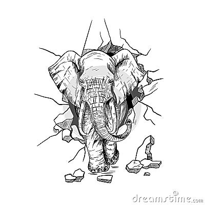 Furious elephant, crushing the wall, going through Vector Illustration