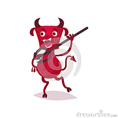 Furious funny devil with horns and tail running with trident, red demon cartoon character vector Illustration Vector Illustration