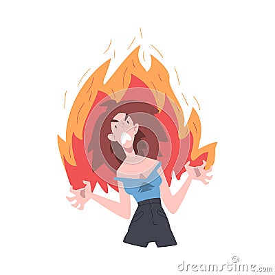 Furious Girl in Flame, Burning Fury, Rage, Stress, Burnout, Emotional Problems Cartoon Style Vector Illustration Vector Illustration