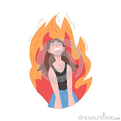 Furious Girl in Flame, Burning Fury, Stress, Burnout, Emotional Problems Concept Cartoon Style Vector Illustration Vector Illustration