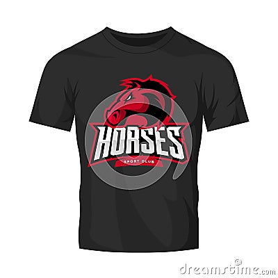 Furious horse sport club vector logo concept isolated on black t-shirt mockup. Vector Illustration