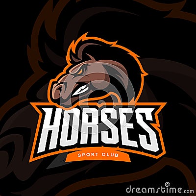 Furious horse sport club vector logo concept isolated on dark background Vector Illustration