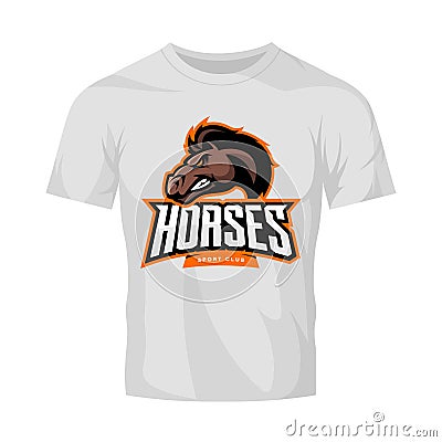 Furious horse sport club vector logo concept isolated on white t-shirt mockup Vector Illustration